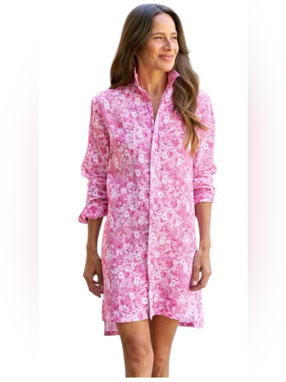 Frank and Eileen Hunter 100% Linen Shirt Dress, Pink Floral, Size M